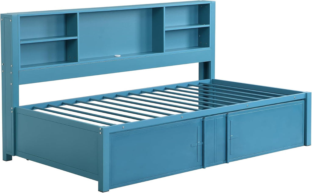 Harper & Bright Designs Twin Bed with Trundle and Storage Bookcase, USB Ports, Solid Wood Platform Bed Frame Twin Size Daybed Sofa Bed for Bedroom Living Room (Twin Size, Blue)