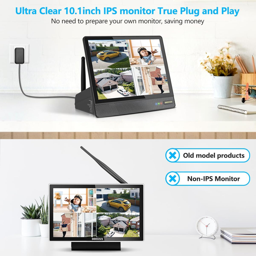 (10CH All in One Monitor) Home Security Cameras Wireless Outdoor Security Camera System,WiFi NVR Network Surveillance Video Recorder Indoor House Alarm