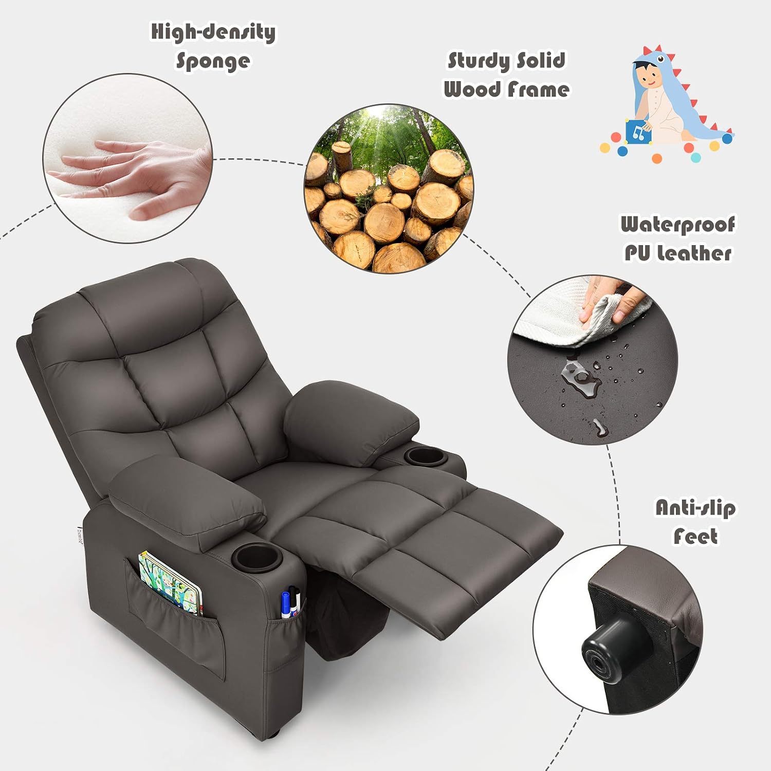 GLACER Kids Recliner Chair w/Cup Holder & Side Pockets, Children Recliner w/Comfortable Backrest, Armrests & Footrest, Toddler PU Leather Recliner for Boys Girls, 3+ Age Group (Brown)