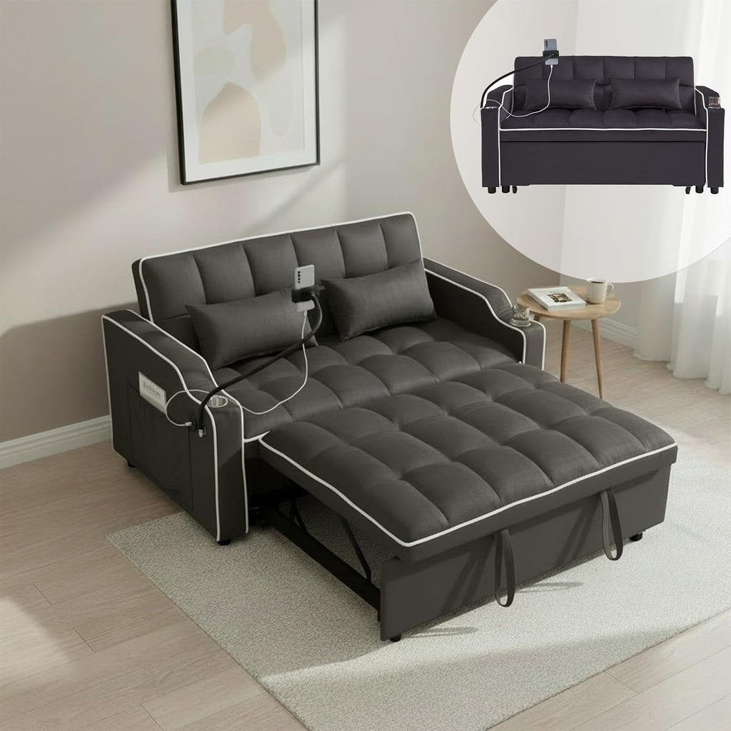 Convertible Sofa Bed, 3 in 1 Futon Sofa Bed with USB Charging Ports, Cup Holder, Phone Stand & Pocket, Modern Upholstered Sleeper Sofa for Living Room, Apartment or Small Space (Grey-L)