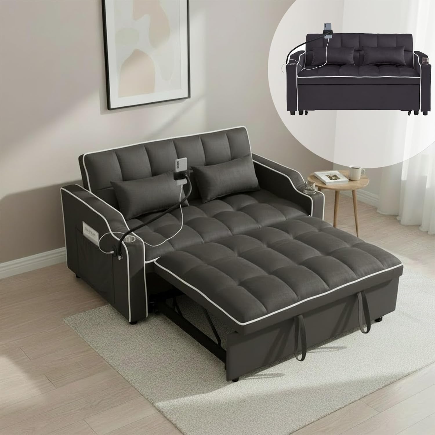 Convertible Sofa Bed, 3 in 1 Futon Sofa Bed with USB Charging Ports, Cup Holder, Phone Stand & Pocket, Modern Upholstered Sleeper Sofa for Living Room, Apartment or Small Space (Grey-L)