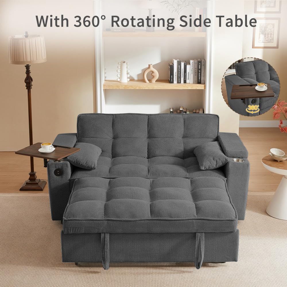 Auvsoce 65'' Convertible Sleeper Sofa Bed with Adjustable Backrest, Chaise Lounge, Side Table & USB/Type-C Ports – Stylish & Functional Addition to Any Living Room (Dark Grey Sofa Bed)