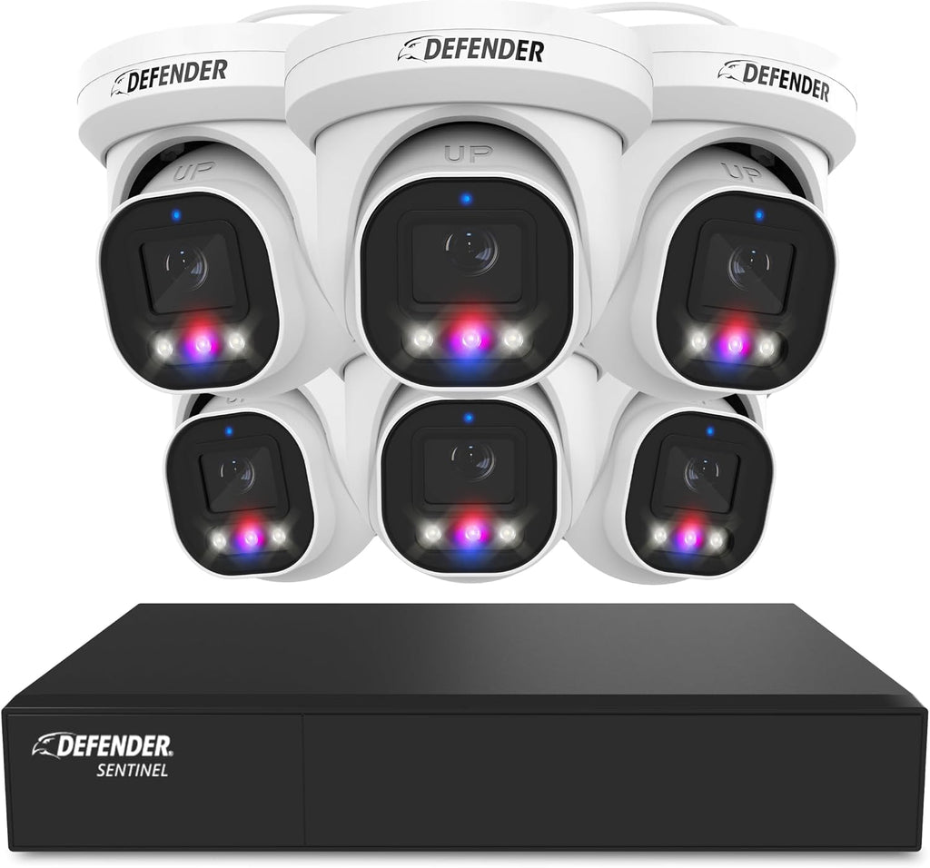 Defender AI Powered Sentinel Pro Turret 8CH NVR PoE Security Camera System, 6pc Metal Turret Cameras, 109° Wide Angle, IP66 Rated, Audio Recording, Web Viewing, 1TB HDD, Works w/Empower App