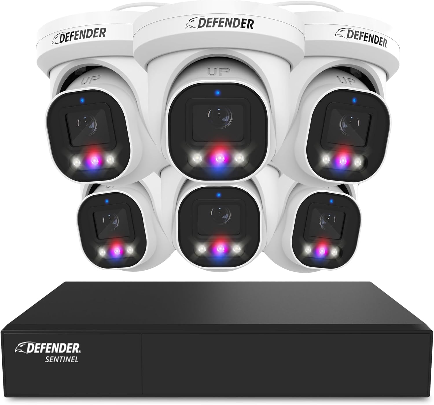 Defender AI Powered Sentinel Pro Turret 8CH NVR PoE Security Camera System, 6pc Metal Turret Cameras, 109° Wide Angle, IP66 Rated, Audio Recording, Web Viewing, 1TB HDD, Works w/Empower App