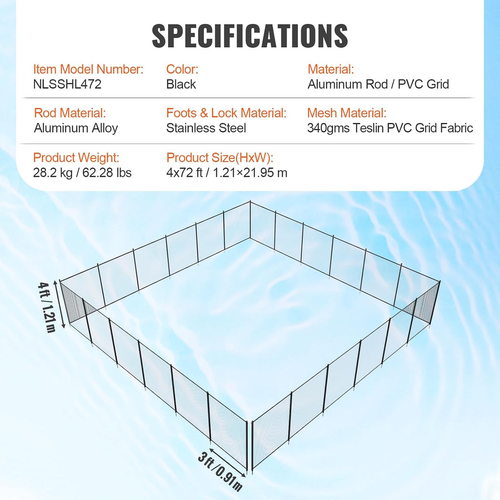 VEVOR Pool Fence, 4 x 72 FT Pool Fences for Inground Pools, Removable Safety Pool Fencing, Easy DIY Installation Swimming Pool Fence, 340gms Teslin PVC Pool Fence Mesh Protects Kids and Pets