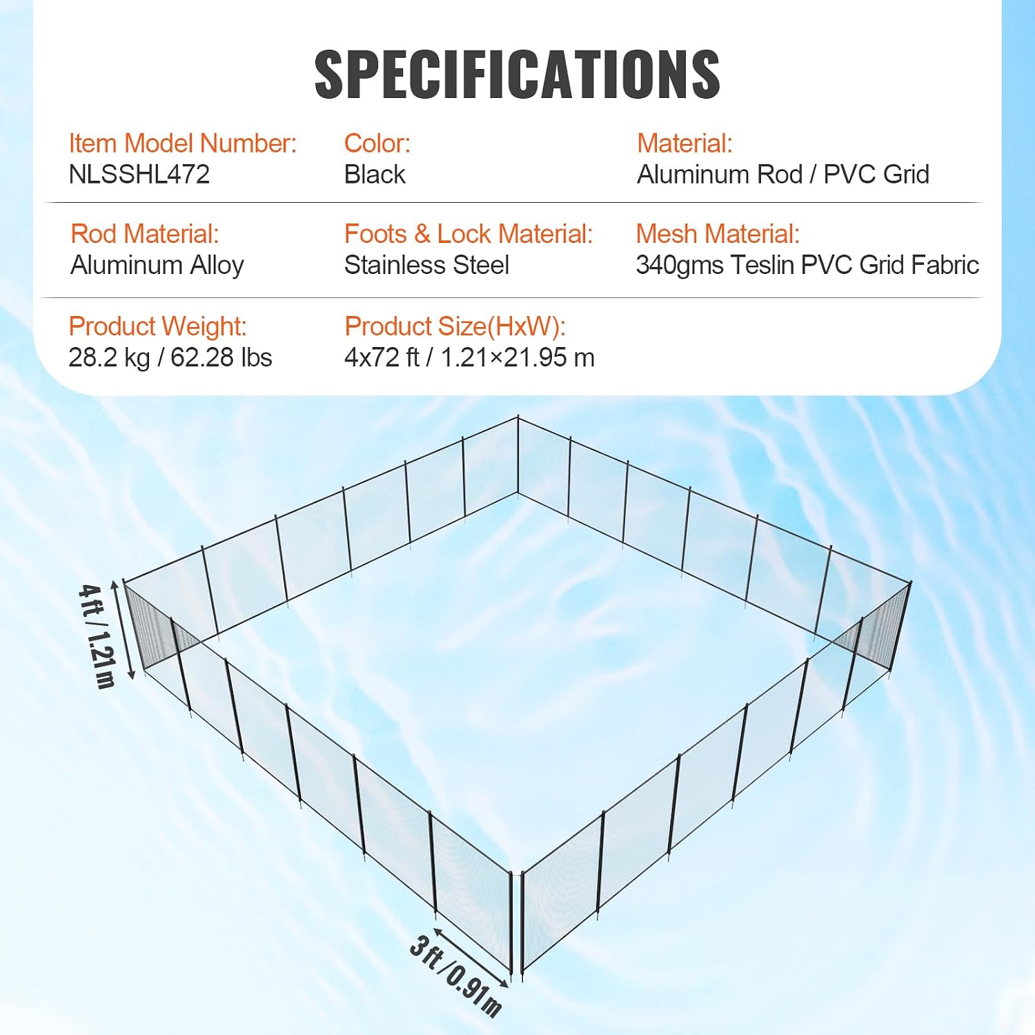 VEVOR Pool Fence, 4 x 72 FT Pool Fences for Inground Pools, Removable Safety Pool Fencing, Easy DIY Installation Swimming Pool Fence, 340gms Teslin PVC Pool Fence Mesh Protects Kids and Pets