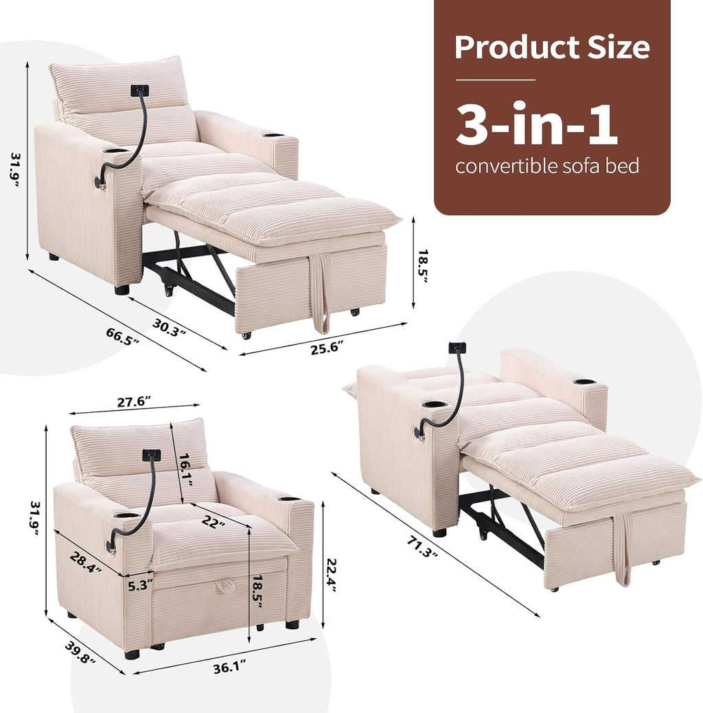 HAOMARKETS Corduroy Sleeper Sofa Bed with Cup Holders, 3-in-1 Convertible Pullout Futon Couch with Phone Holder&USB Charge Port, Single Armchair with 3-Level Adjustable Backrest for Apartment