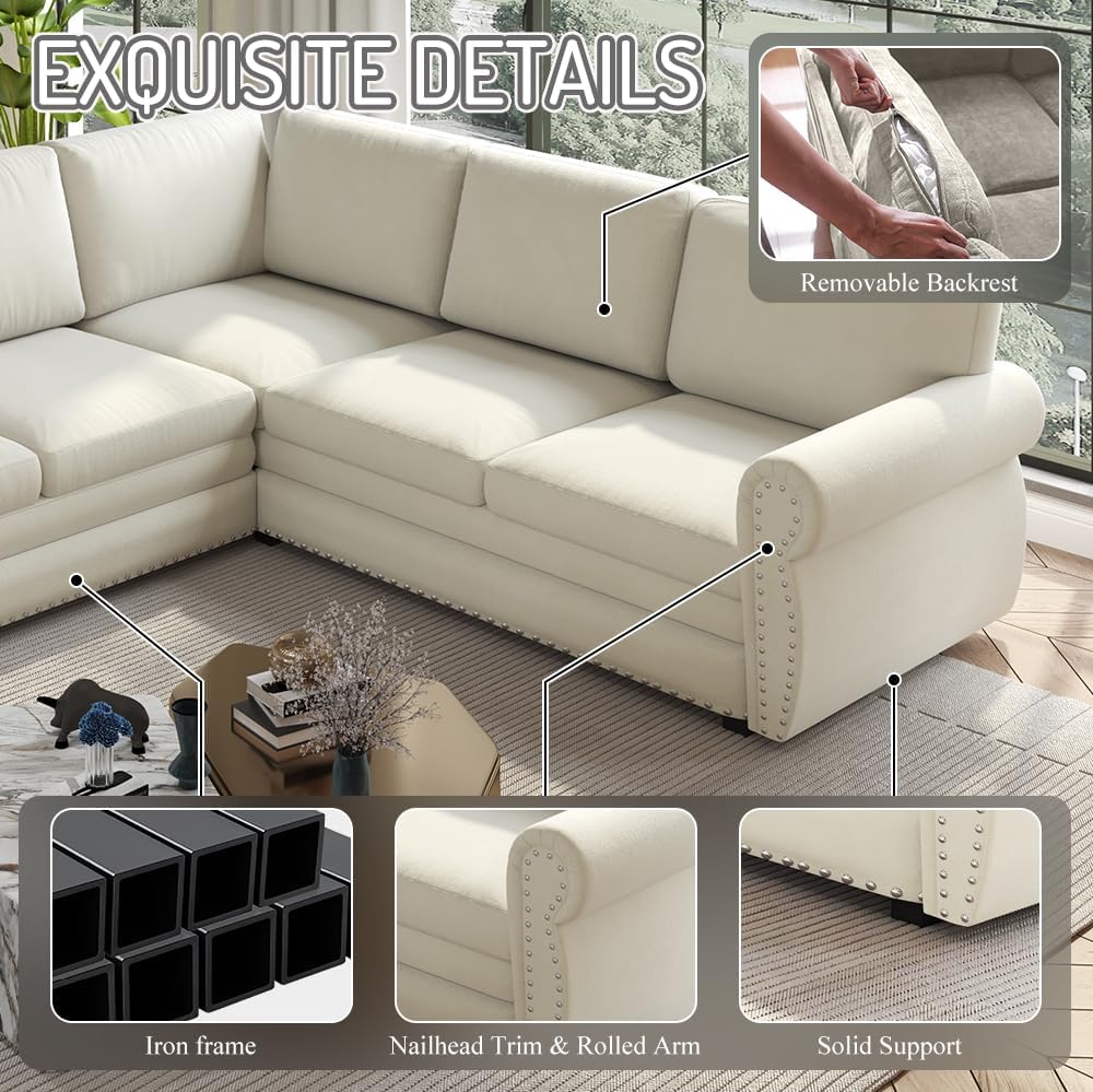 118' L-Shaped Sleeper Couch Bed - Oversize Convertible with Pull-Out Sofa Bed, Button Tufted Chesterfield Sofa, Chenille Sectional Vintage Couches for Living Room/Apartment(6-Seater, Beige)