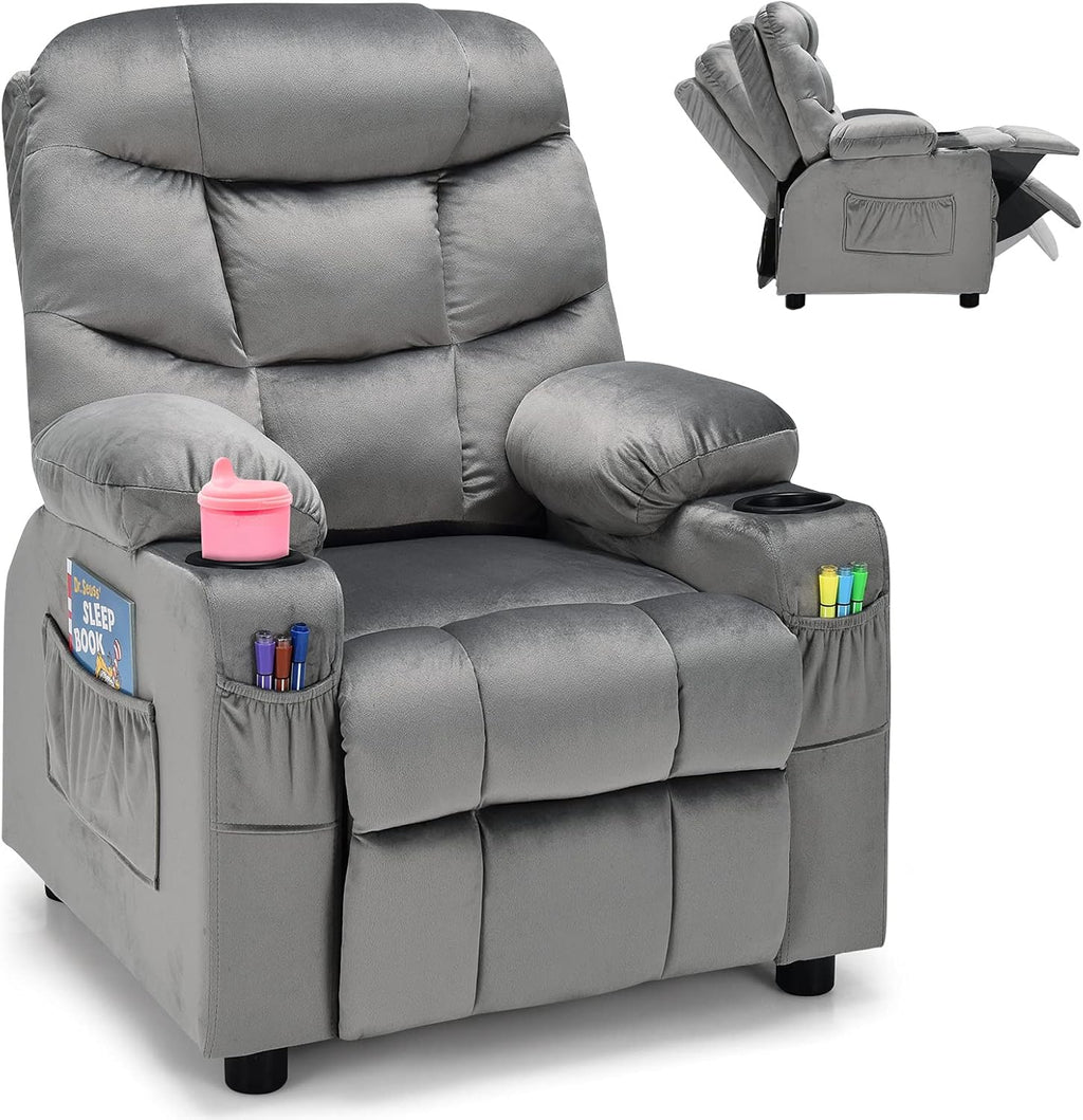 Costzon Kids Recliner Chair with Cup Holder, Adjustable Velvet Lounge Chair w/Footrest & Side Pockets for Children Boys Girls Room, Ergonomic Toddler Furniture Sofa Gifts, Kids Recliner (Gray)