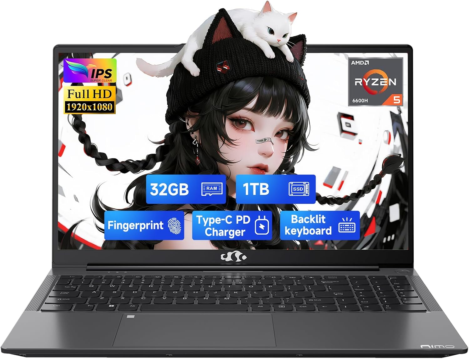 NIMO 15.6' IPS FHD-Gaming-Laptop, 6 Cores AMD Ryzen 5 6600H 32GB DDR5 RAM 1TB SSD (Beat i7-1165G7, Up to 4.5GHz) AMD Radeon 660M GPU-Computer with 100W GaN Type-C Backlit Keyboard Fingerprint Win 11