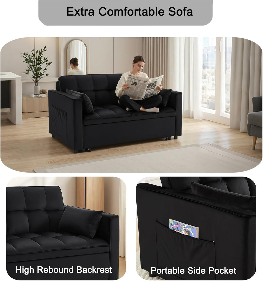 Loveseat Sleeper Sofa, 3 in 1 Convertible Sofa Bed, Adjustable Backrest Comfy Pull Out Couch, Modern Upholstered Sofa for Living Room Bedroom Apartment Small Space (Black)