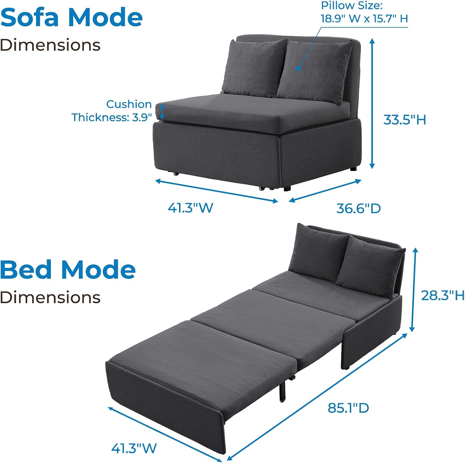 Mjkone 43' W Twin Size Pull Out Sofa Bed Chair with 2 Pillows, 2 in 1 Armless Sleeper Sofa Pull Out Couch Bed, Convertible Linen Sofas Sleeper Chair Bed for Living Room Apartment Office, Dark Gray