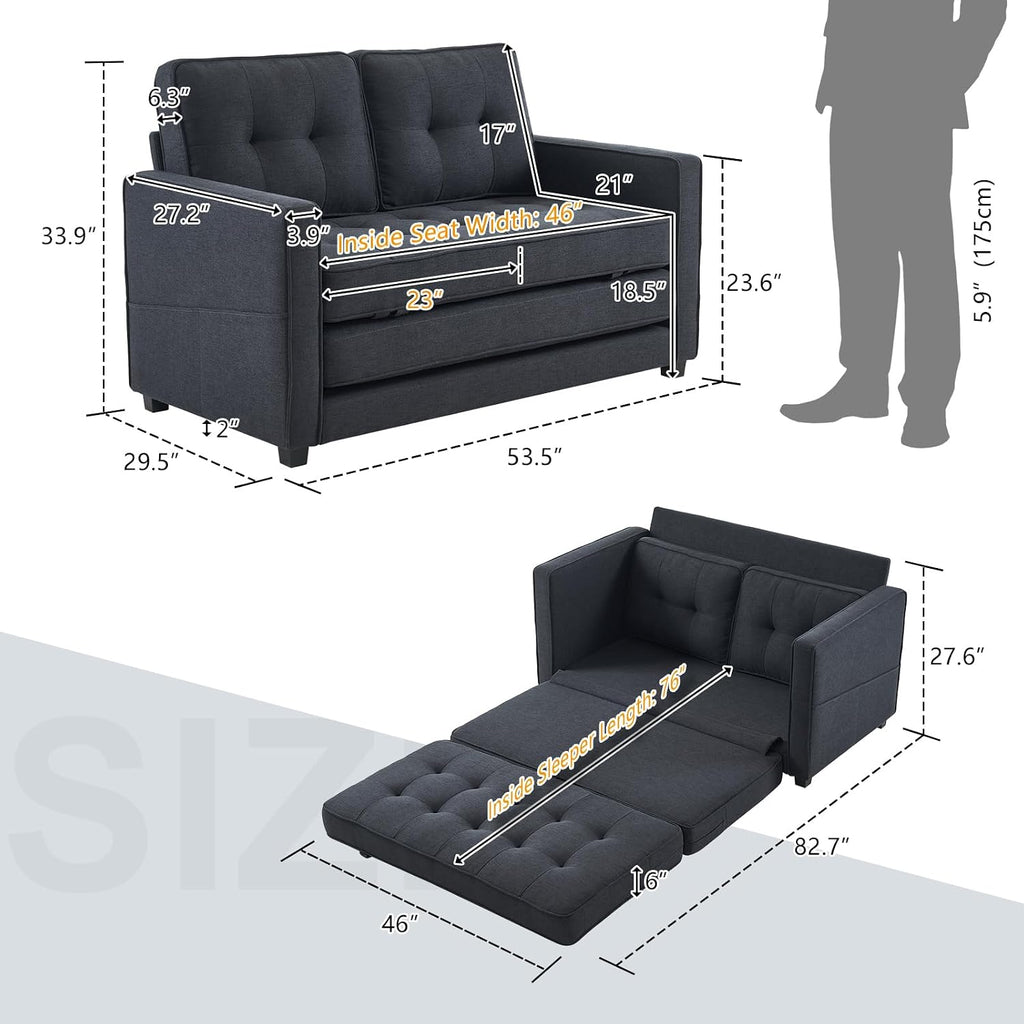 VINGLI Upgraded Loveseat Sleeper, 53.5' W 83' L Convertible Sofa Bed Couch Futon Couches for Living Room, Folding Couch Bed for Small Spaces, Fold Out Floor Gaming Sofa Bed for Basement, Black