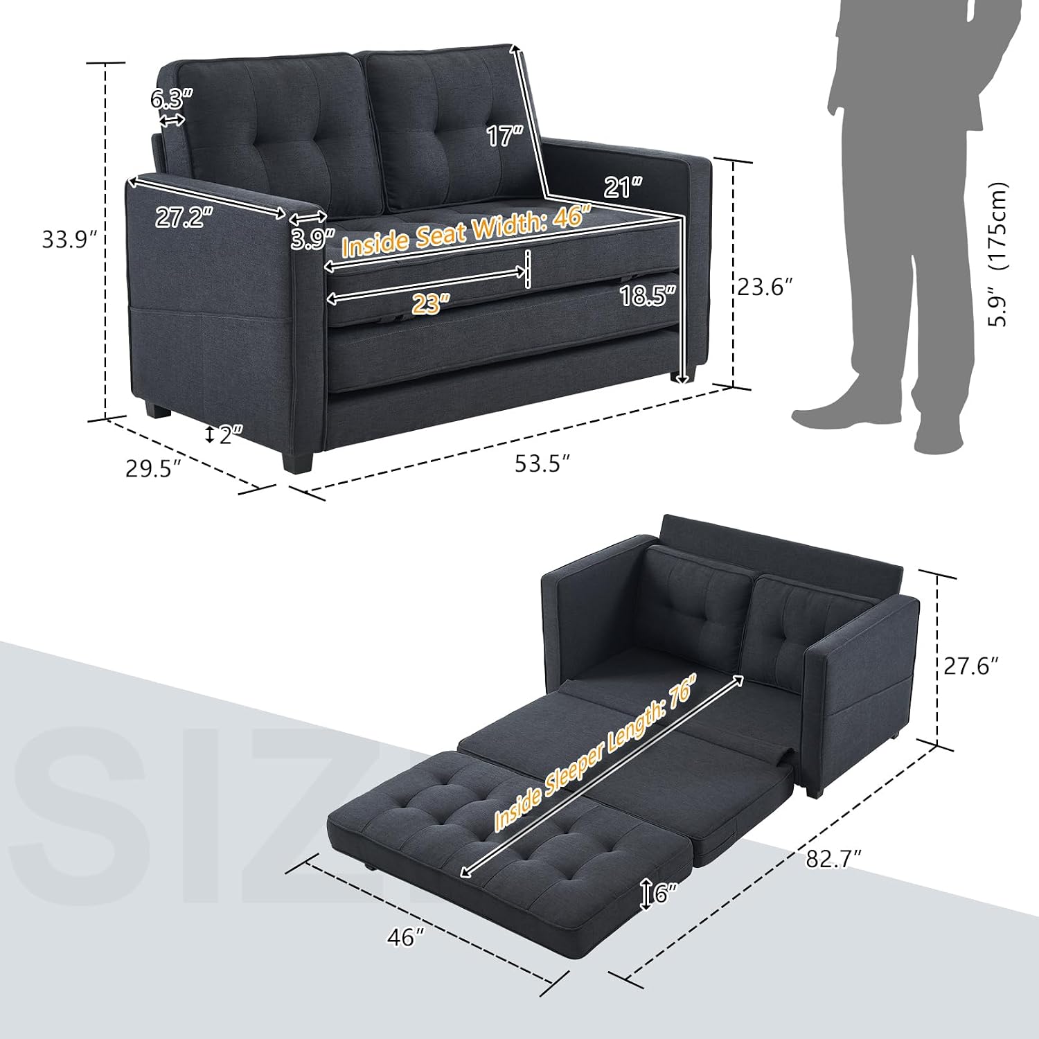 VINGLI Upgraded Loveseat Sleeper, 53.5' W 83' L Convertible Sofa Bed Couch Futon Couches for Living Room, Folding Couch Bed for Small Spaces, Fold Out Floor Gaming Sofa Bed for Basement, Black