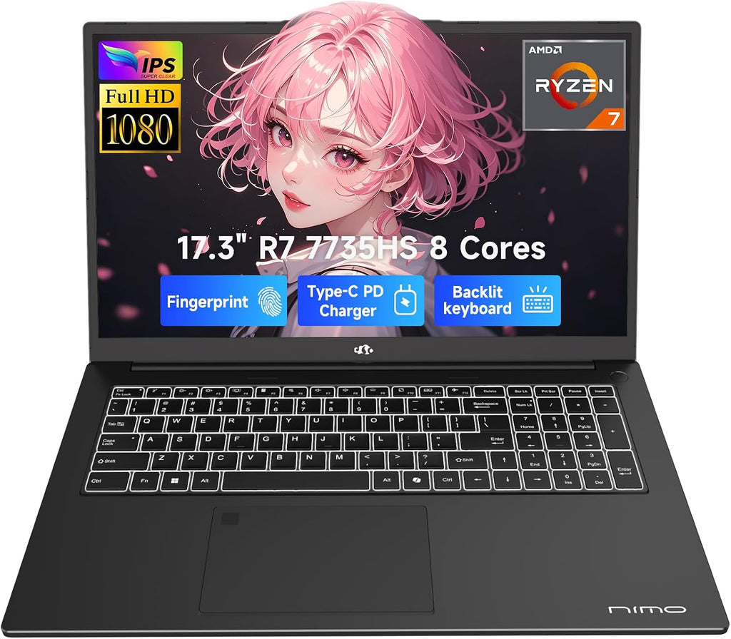 NIMO 17.3' Business-Laptop, AMD Ryzen 7 7735HS (8C/16T), 16GB RAM 2TB NVMe SSD, Radeon 680M for Light Gaming, PD 100W Type-C WiFi-6E BT5.2 Fingerprint Unlock Backlit Keyboard for Working & Student