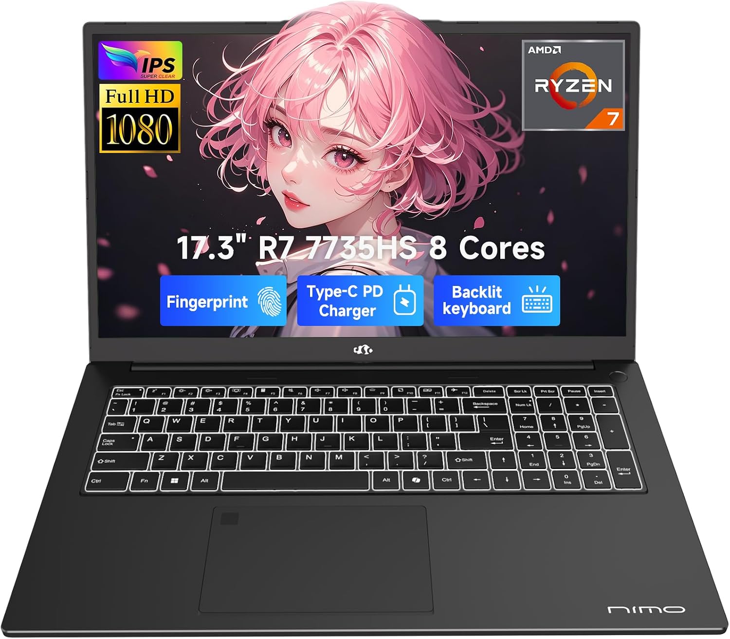 NIMO 17.3' Business-Laptop, AMD Ryzen 7 7735HS (8C/16T), 16GB RAM 2TB NVMe SSD, Radeon 680M for Light Gaming, PD 100W Type-C WiFi-6E BT5.2 Fingerprint Unlock Backlit Keyboard for Working & Student