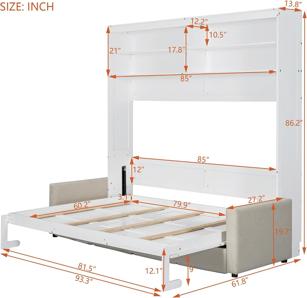 Merax Queen Size Murphy Bed, Wooden Queen Murphy Bed with Sofa and Cushion, Wall Bed with Shelves, White