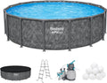 Bestway APX 365 16' x 48' Above Ground Pool, Round Metal Frame Outdoor Swimming Pool Set with Sand Filter Pump, Ladder, and Cover, Dark Marble