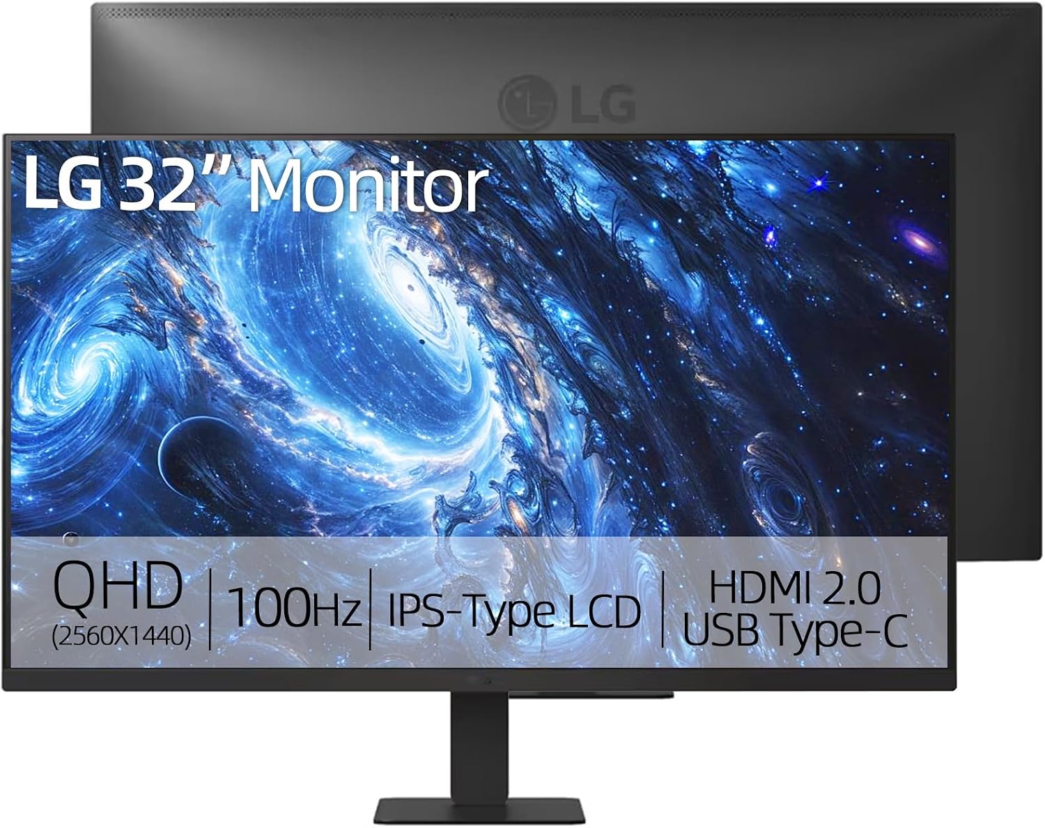 LG 32' QHD IPS Monitor, 2560 x 1440, 100Hz, HDR10, 99% sRGB, USB-C with 15W Power Delivery, 3-Side Borderless Design, Dynamic Action Sync, Tilt Adjustable for Home Office and Productivity