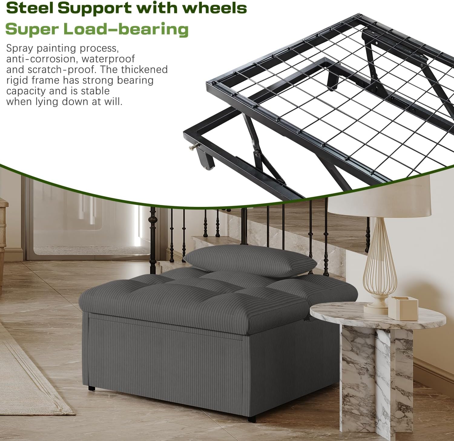 4-in-1 Convertible Sleeper Chair Bed with Adjustable Backrest Pillows Futon Sofa Bed with Side Pocket Sleeper Sofa Chair Pull Out Couches for Living Room Small Space, Charcoal