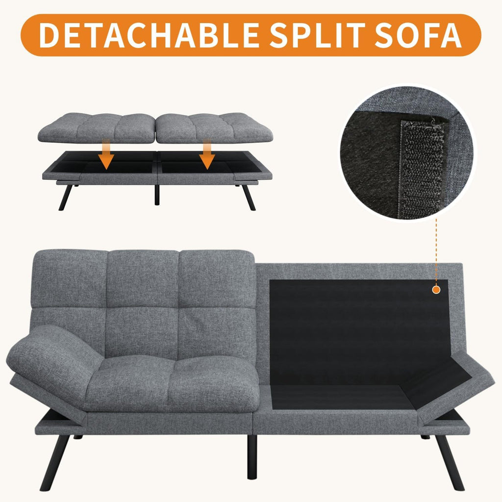 MUUEGM 71-Inch Convertible Futon Sofa Bed with Adjustable Backrest & Removable Armrests, Foldable Sleeper Loveseat for Small Space Living Room, Studio Apartment, Home Office，Light Gray