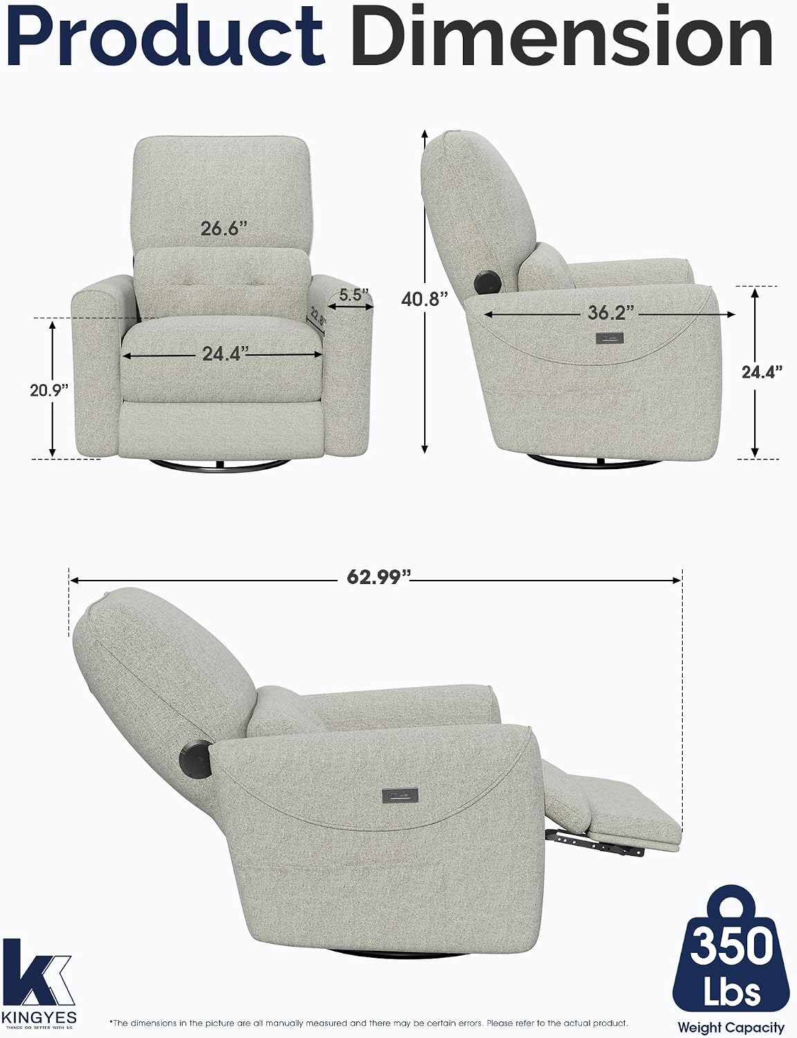 KINGYES Power Recliner Chair, 270° Swivel Glider, Living Room Recliner with USB-C Port, Nursery Rocking Chair, Gray