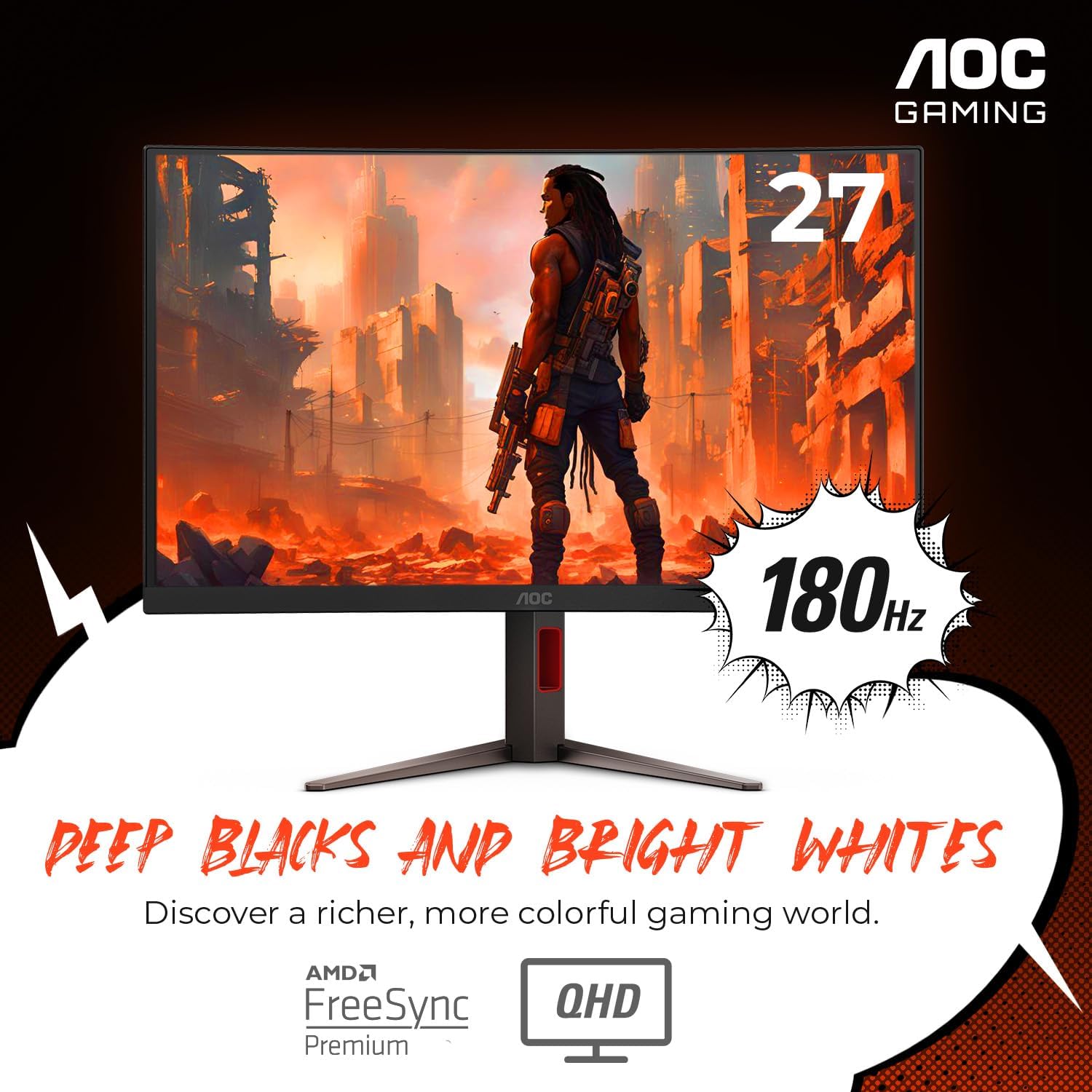 AOC CQ27G4H 27' Curved Gaming Monitor, QHD 2K 2560x1440, 1500R VA, 180Hz 0.5ms, AMD FreeSync Premium, Height Adjustable Stand, Xbox PS5 Switch Compatiable, 3-Year Zero-Bright-dot