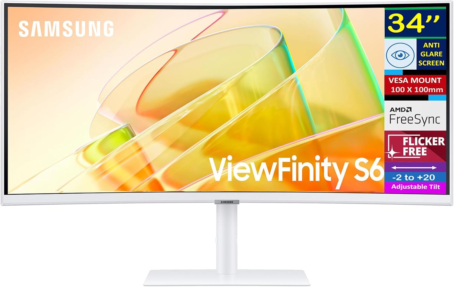 Samsung View Finity S6 S65TC 34' Ultra-WQHD VA Monitor with HDR10, AMD FreeSync, Anti Glare, Flicker Free, VESA Mount (100mm), Displayport, White (LS34C654TANXGO) (Renewed)