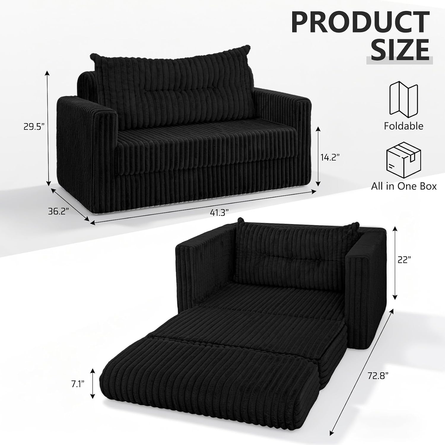 HABUTWAY Folding Sofa Bed, 2 in 1 Convertible Sleeper Chair with Pillow, Portable Fold Out Chair Bed with Armrest, Comfy Floor Couch, Lazy Sofa for Living Room Bedroom Dorm Home Office, Black