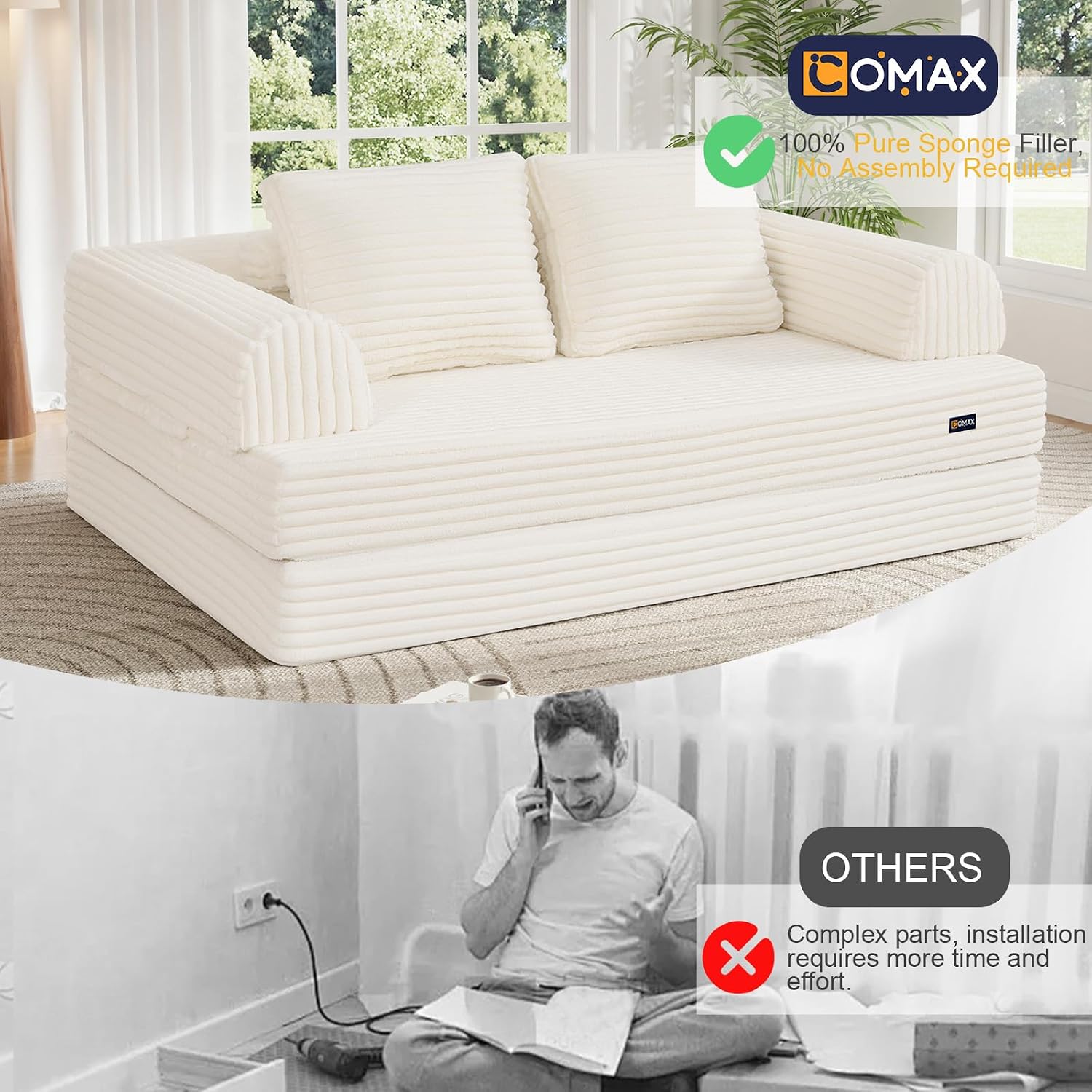 COMAX Convertible Sofa Bed, Folding Floor Couch Corduroy Fold Out Couch Bed Futon Sleeper Mattress with Pillows, Boneless Sofa Comfy Lounge Loveseat for Living Room Bedroom, Plush Beige