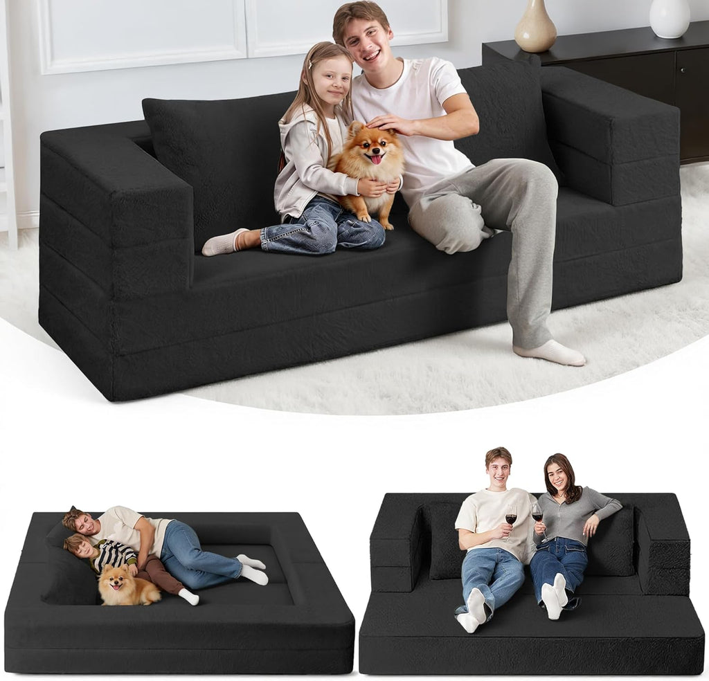 Futon Sofa Bed with Pillow, 3-in-1 Sleeper Sofa Bed with Removable Cover, Convertible Floor Sofa Bed, No Assembly Boneless Couch for Living Room, Bedroom