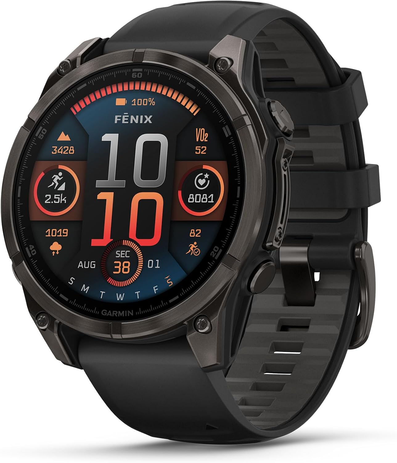 Garmin Fenix 8 Premium Multisport GPS Running Smartwatch, 47 mm | AMOLED, Dive-Rated, Built-in Flashlight | Carbon Gray DLC Titanium with Pebble Gray Band with Signature Series Charging Stand