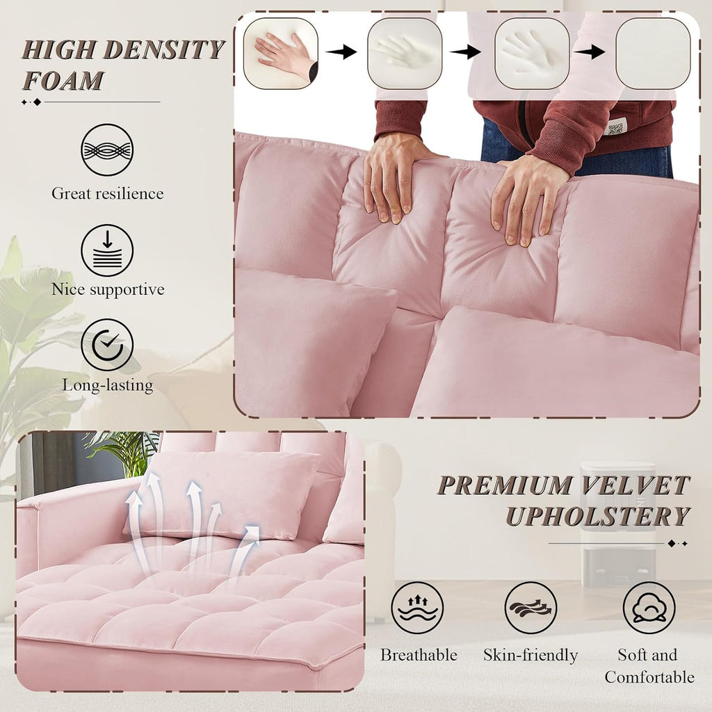 3 in 1 Convertible Sleeper Sofa Bed, Futon Couches for Living Room with Side Pocket/Adjustable Backrest, Velvet Upholstered Pull Out Couch, Small Loveseat Sofa Bed for Bedroom Office Small Spaces