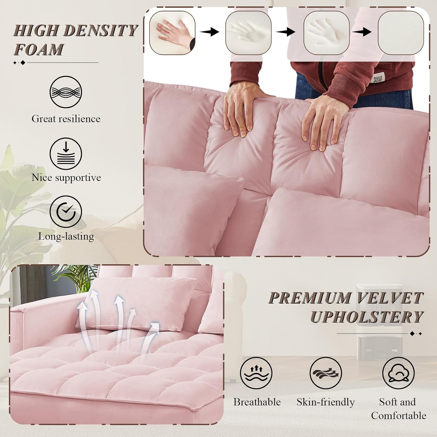 3 in 1 Convertible Sleeper Sofa Bed, Futon Couches for Living Room with Side Pocket/Adjustable Backrest, Velvet Upholstered Pull Out Couch, Small Loveseat Sofa Bed for Bedroom Office Small Spaces