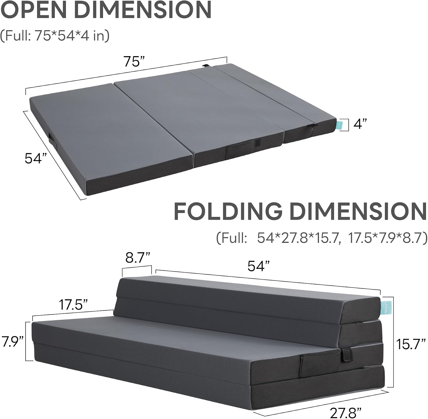 LIKIMIO Folding Mattress Full, High Density Foam Mattress with Breathable and Washable Cover & Storage Bag, 4 Inch Foldable Mat Topper for Camping, RV and Yoga, Handle Design, Gray