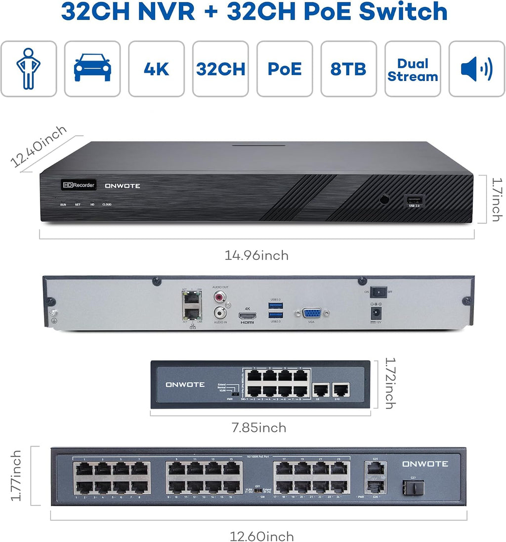 ONWOTE 32 Channel Security Camera System PoE, 12MP 32CH NVR 8TB, 32 Ports Switch, 24x 6MP Outdoor Audio PoE IP Cameras, AI Human Vehicle Detection, 24x Cables-2280ft, Commercial CCTV for Business