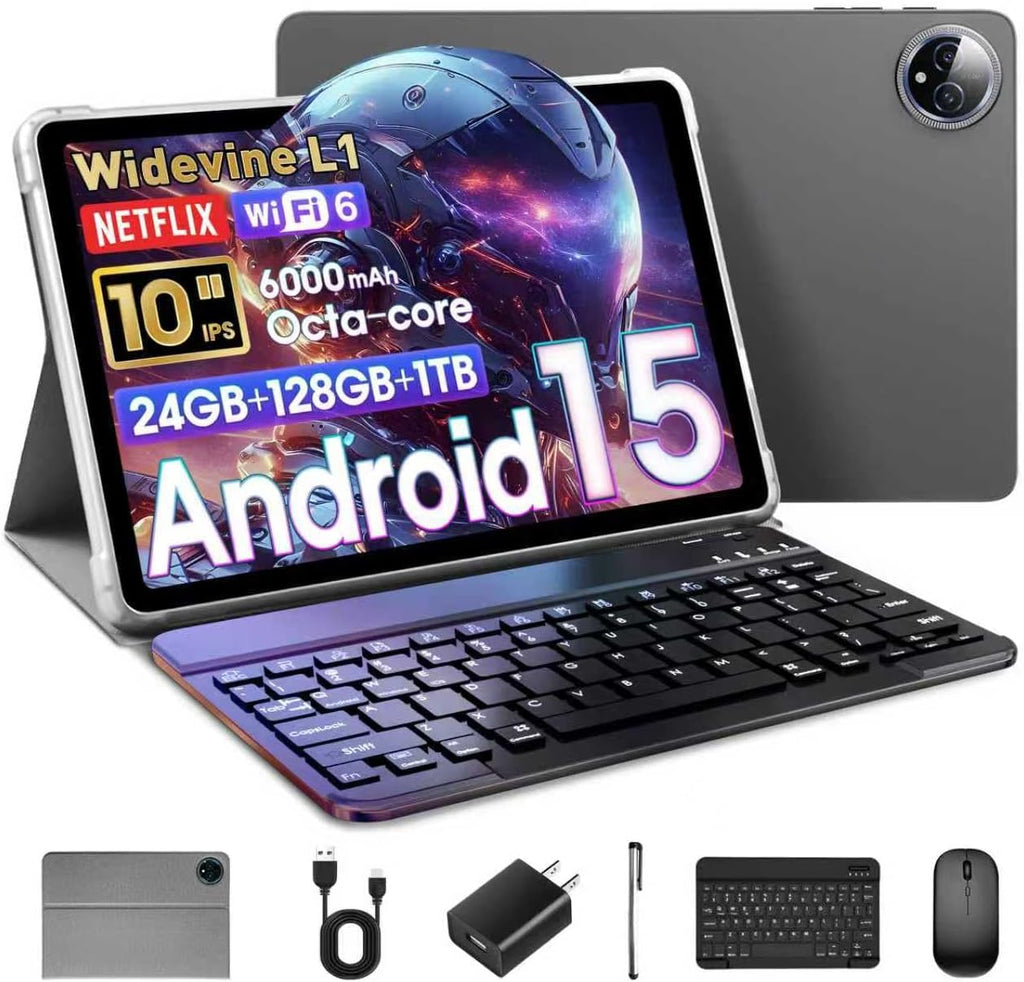 Raemond 10 Inch Tablet Android 15 with Keyboard, 24GB RAM + 128GB ROM (1TB Expand), T615 Octa-Core, 1280x800 IPS HD Display, 5MP+8MP Dual Camera, 6000mAh, Mouse, Widevine L1, GPS