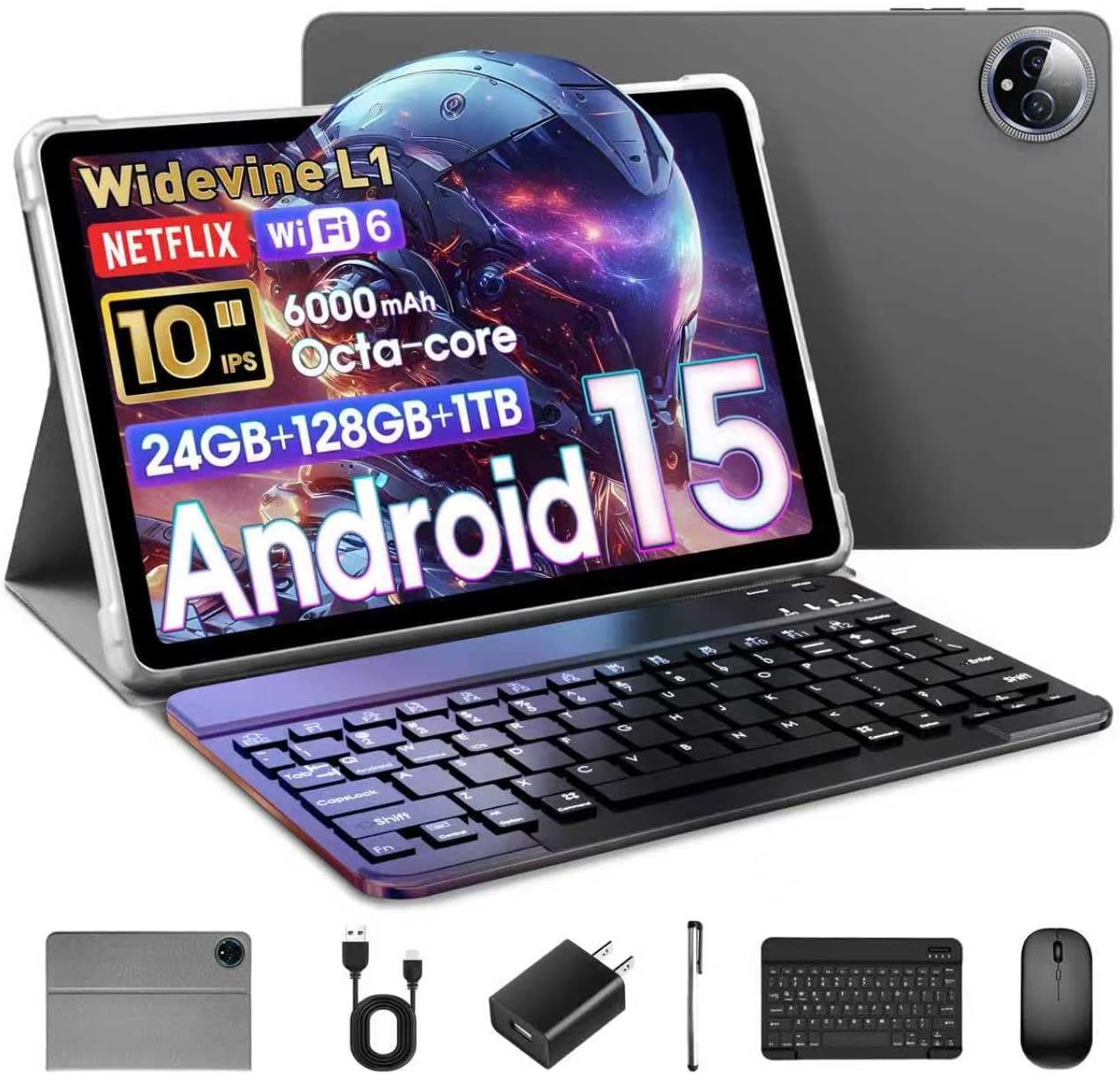 Raemond 10 Inch Tablet Android 15 with Keyboard, 24GB RAM + 128GB ROM (1TB Expand), T615 Octa-Core, 1280x800 IPS HD Display, 5MP+8MP Dual Camera, 6000mAh, Mouse, Widevine L1, GPS