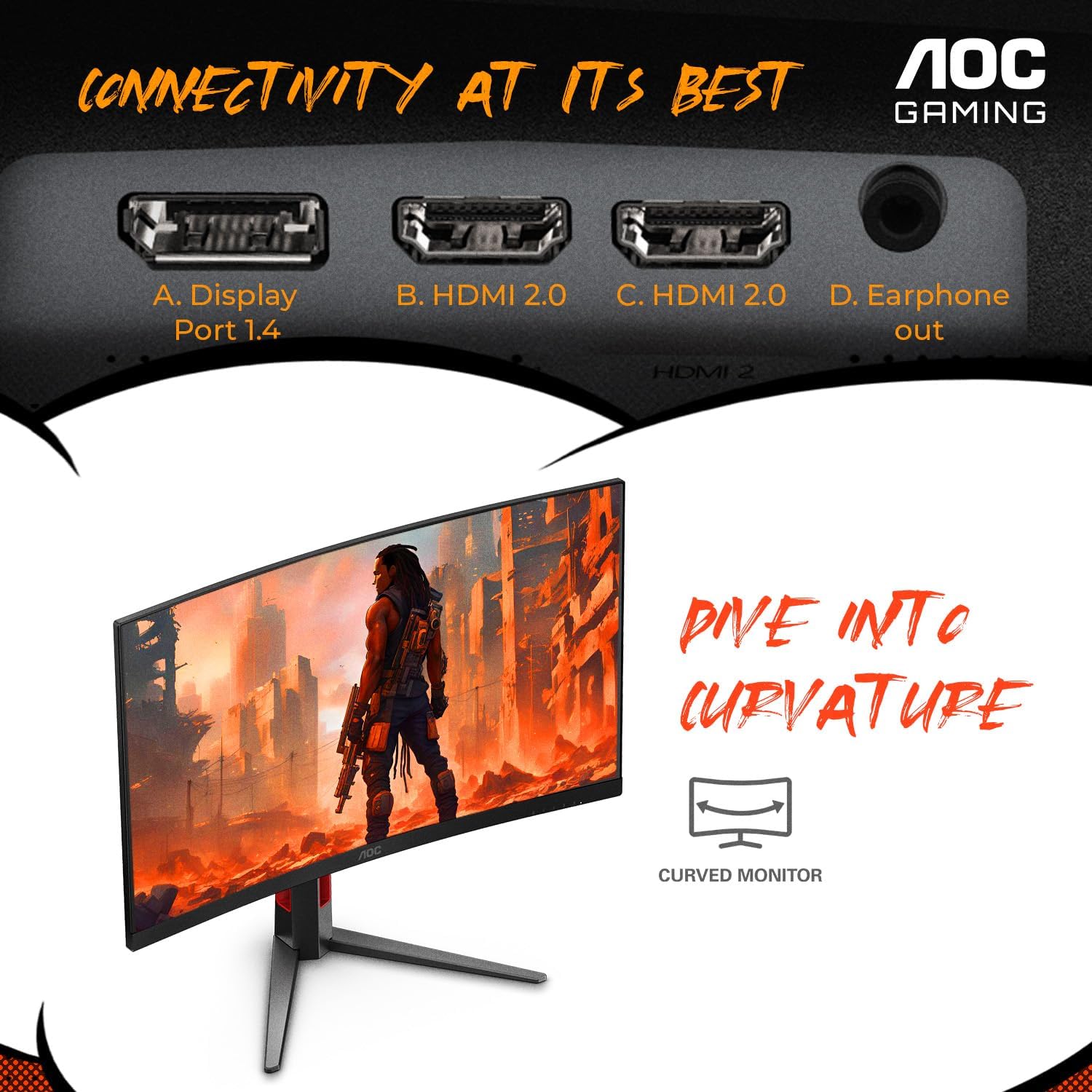 AOC CQ27G4H 27' Curved Gaming Monitor, QHD 2K 2560x1440, 1500R VA, 180Hz 0.5ms, AMD FreeSync Premium, Height Adjustable Stand, Xbox PS5 Switch Compatiable, 3-Year Zero-Bright-dot