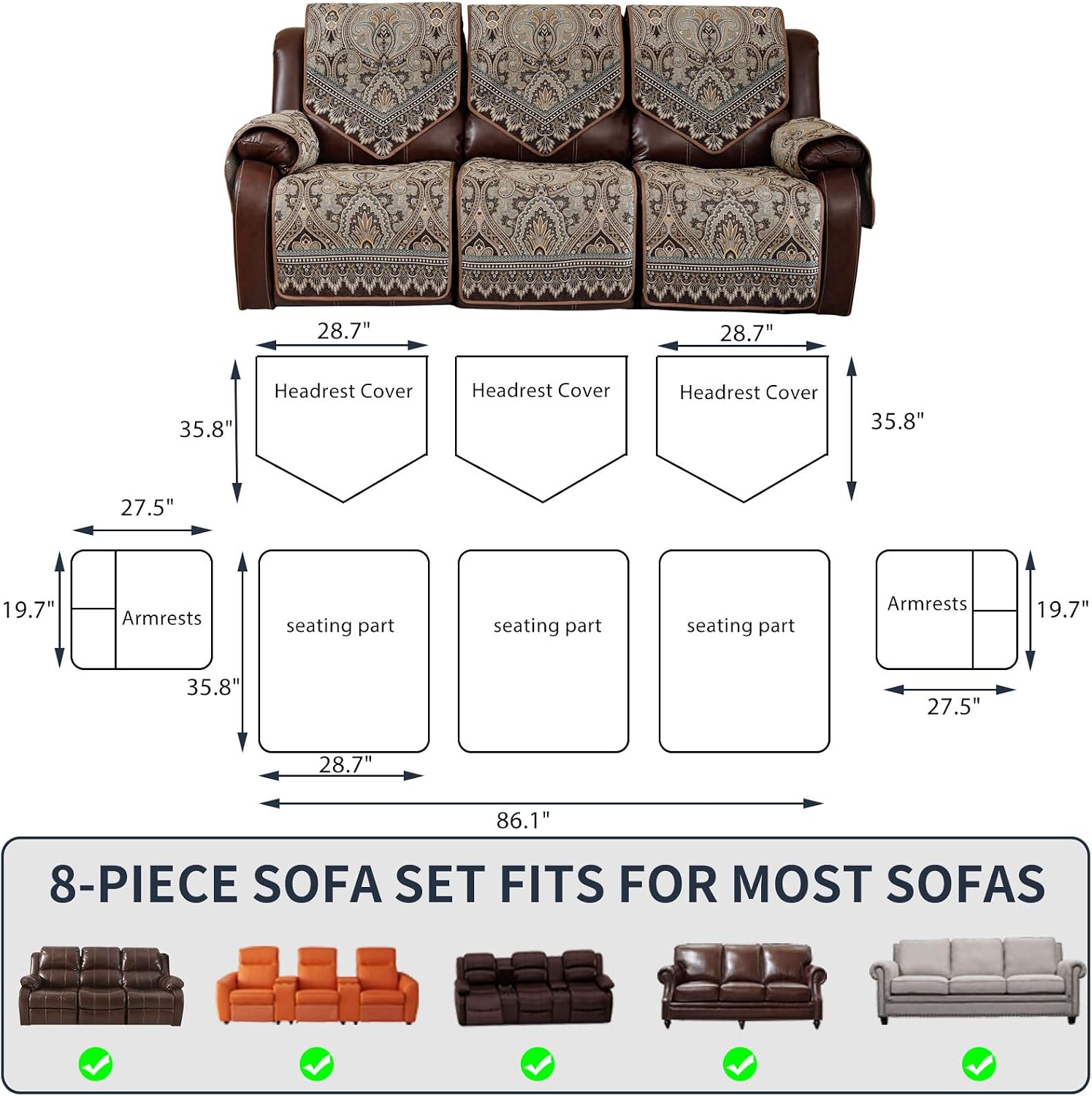 Waterproof Recliner Sofa Covers Non-Slip Recliner Couch Covers for 2 seat, Split Washable Jacquard Reclining Couch Covers Furniture Protecto (FLKF-Brown, 3 Seater)
