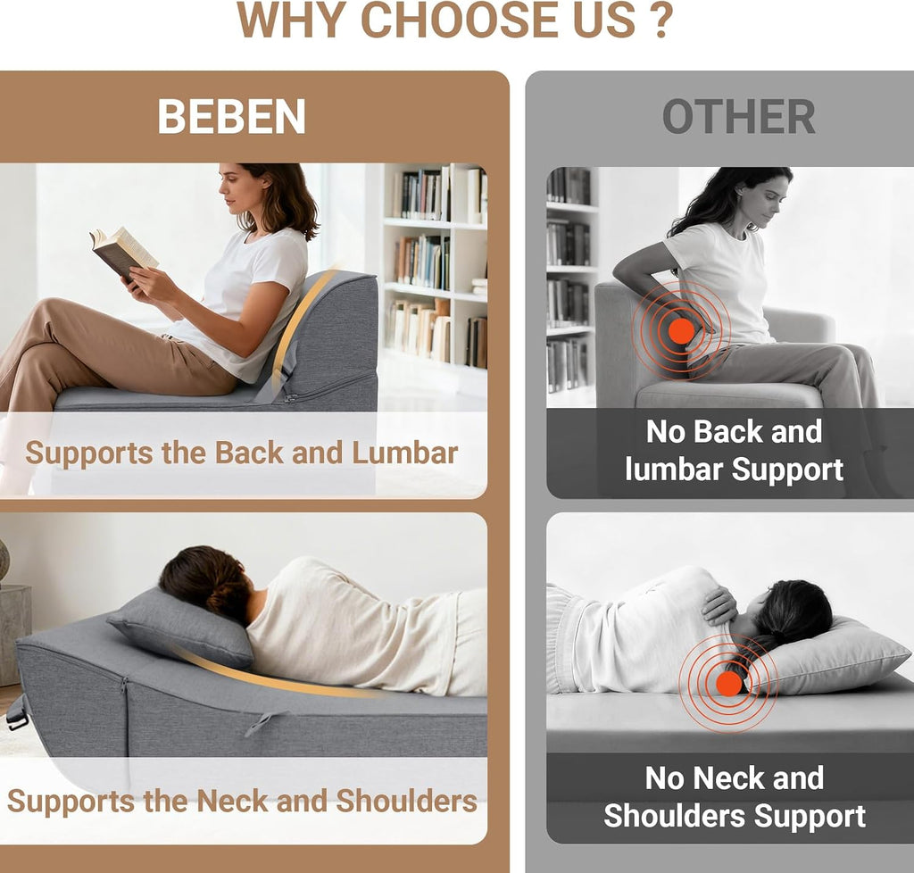 BeBen Folding Sofa Bed Chair, Convertible Sleeper Chair Futon Couch, Foldable Boneless Floor Lounge Sofa, Twin Foam Chair Bed for Small Spaces, Dorm, Guest Room, Living Room, Apartment, Dark Grey