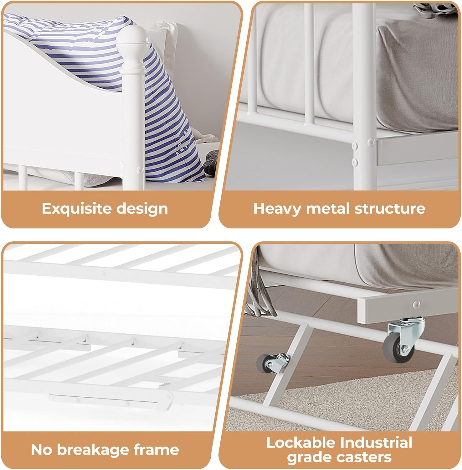 Daybed with Trundle, Metal Twin Size Day Bed with Stylish Headboard, Sofa BedFrame with Pop Up Foldable Trundle Bed, Heavy Duty Steel Slats Platform for Living Room, Bedroom and Guest Room, White