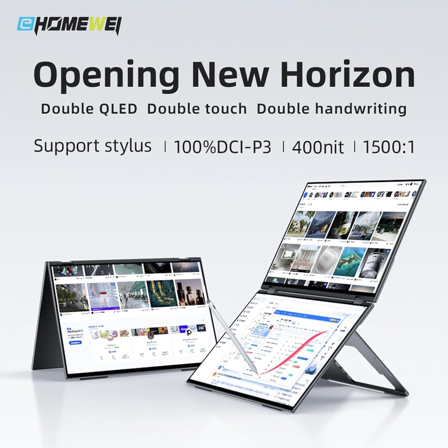 EHOMEWEI X1 Pro Dual Monitor, 2K 60Hz 16'*2 Laptop Expansion Portable Screens 2560 * 1600 100% DCI-P3 HDR 400 cd/㎡ Brightness for Gaming Phone/Switch/Windows MacOS No Stylus Touch