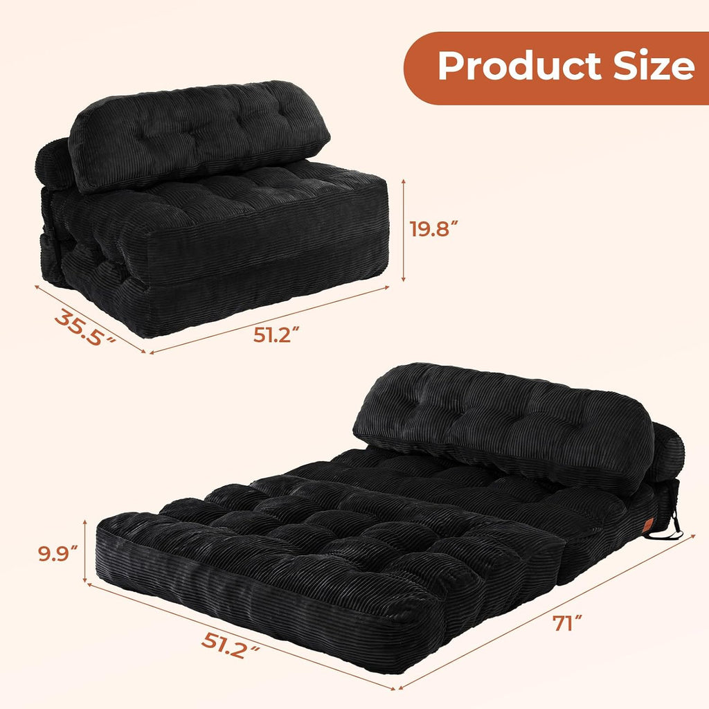 Folding Sofa Bed, Convertible Sleeper Chair with Back Support and Pillow Futon, Boneless Matress, for Living Room/Guest Use/Home Office, Foldable Chair Bed for Adults, Black, Full