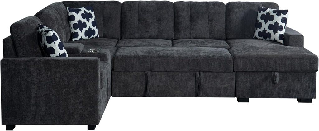 Ball & Cast L-Shape Convertible Sectional Sleeper Sofa Bed 2 in 1 Pull Out Couch with Storage Chaise & Cup Holders,6 Seat Chenille Upholstered Reversible Sleeper Corner Couch for Living Room,Dark Gray