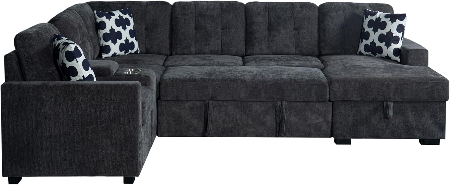Ball & Cast L-Shape Convertible Sectional Sleeper Sofa Bed 2 in 1 Pull Out Couch with Storage Chaise & Cup Holders,6 Seat Chenille Upholstered Reversible Sleeper Corner Couch for Living Room,Dark Gray