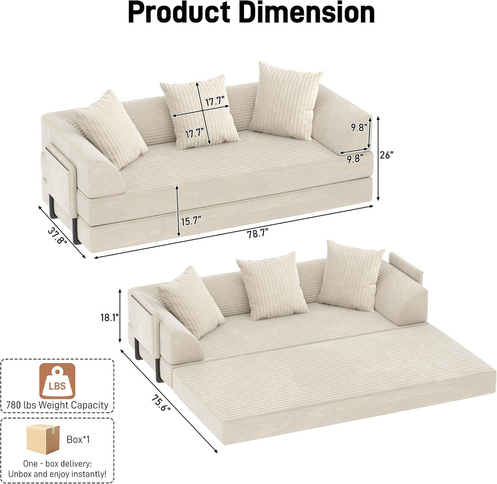 Folding Convertible Sofa Bed with 3 Pillows, 79 ' Corduroy Boneless Couch with Armrest Pockets, Lounge Loveseat Sleeper with Pull Out Bed, Memory Foam Compressed Sofa for Living Room Bedroom, Beige