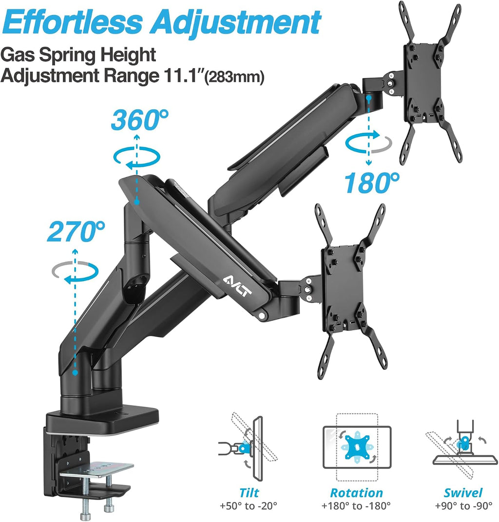 AVLT RGB Lights Dual 17'-43' Gaming Monitor Arm Desk Mount, Fits Two Flat/Curved/Ultrawide Screen up to 44lbs(20kg), Height Swivel Tilt Adjustable Stand - Black
