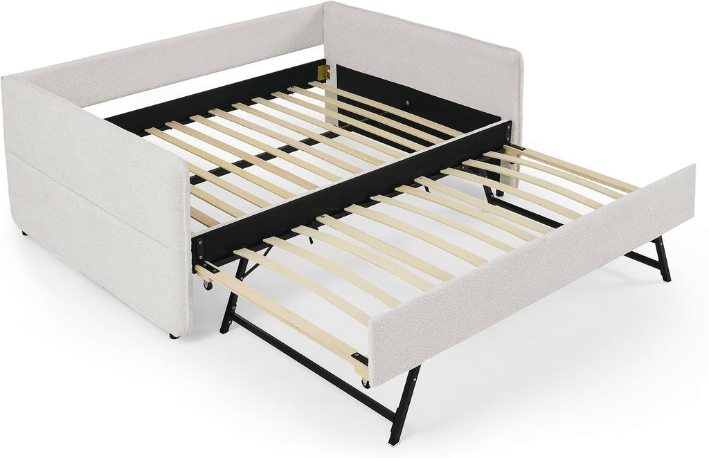 KEIKI Full Size Upholstery Tufted Daybed with Erectable Trundle, Full to King Design Modern Extendable Boucle Sofa Bed, Easy Assembly, No Box Spring Required, for Living Room and Bedroom, Beige