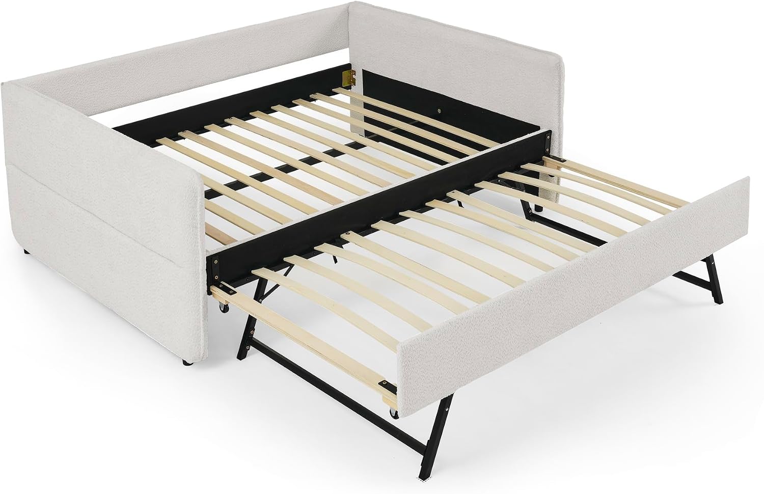 KEIKI Full Size Upholstery Tufted Daybed with Erectable Trundle, Full to King Design Modern Extendable Boucle Sofa Bed, Easy Assembly, No Box Spring Required, for Living Room and Bedroom, Beige